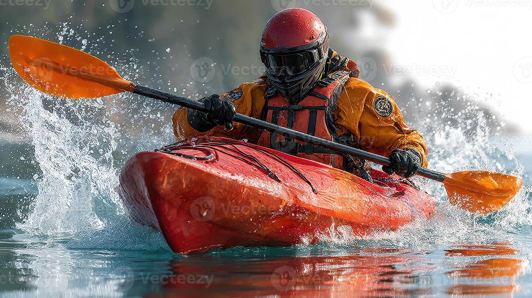 Kayaker navigates powerful waves in a dramatic coastal setting during a vibrant afternoon adventure photo