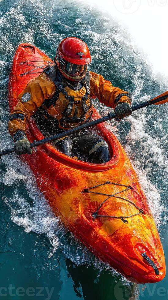 Kayaker navigates swift waters wearing a bright orange suit and helmet in a vibrant red kayak on a sunny day photo