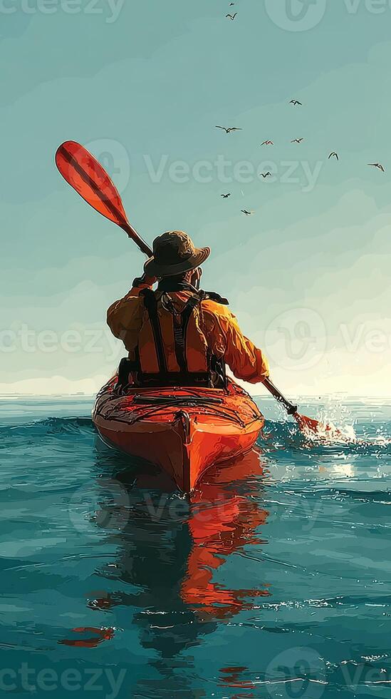 Paddling through tranquil waters at sunset while surrounded by birds and nature photo
