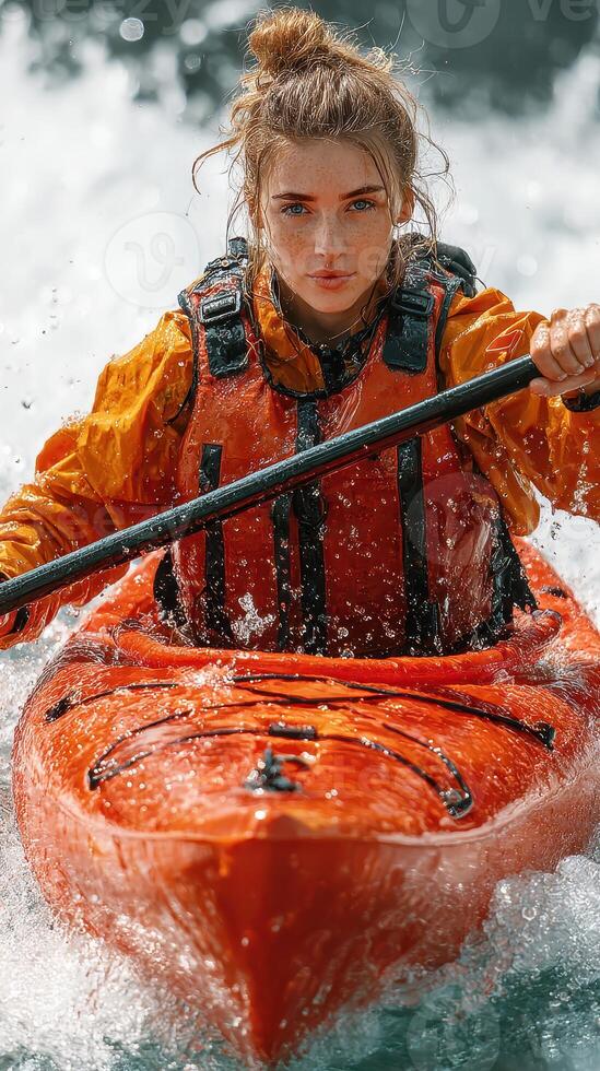 Kayaker navigating turbulent waters in a bright orange kayak while wearing a waterproof jacket during an adventure trip photo