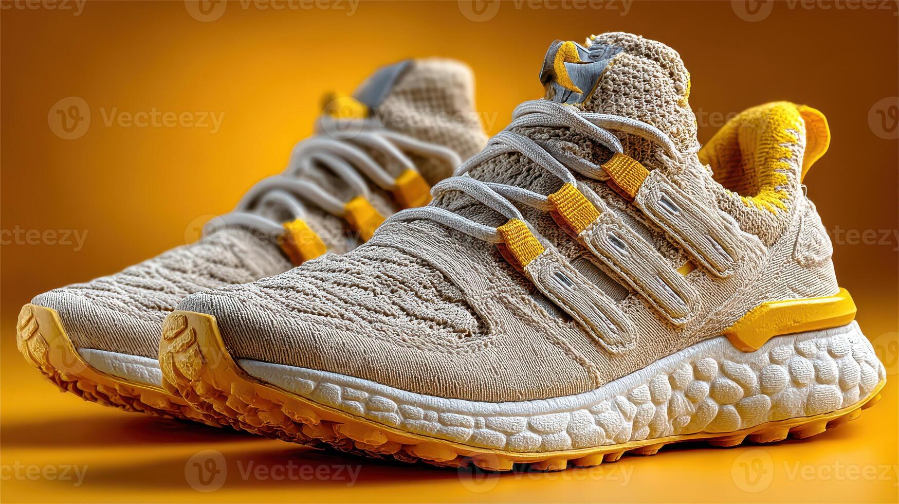New athletic sneakers designed with a textured upper and vibrant yellow accents on display against a bright orange background photo
