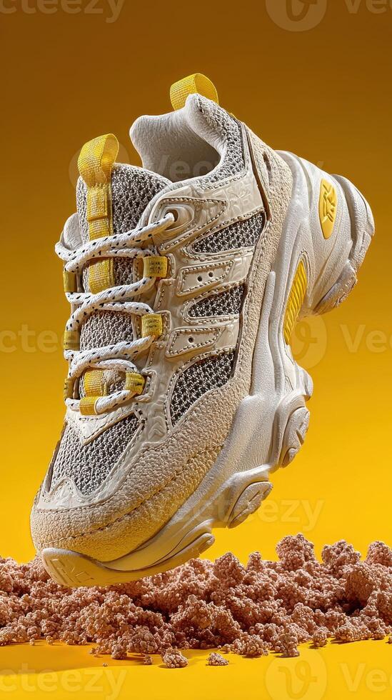 Sneaker design featuring floating shoe against a vibrant yellow background with textured surface photo