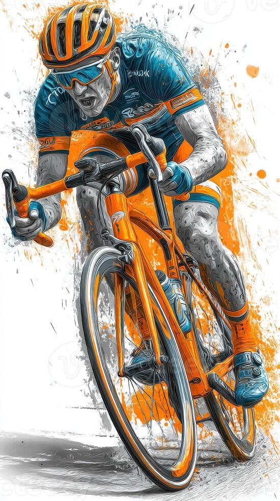 Competitive cyclist races through a dynamic urban landscape while showcasing intense focus and athleticism during a cycling event photo
