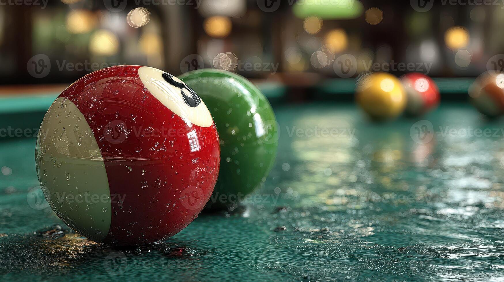 Colorful billiard balls resting on a wet pool table in a lively game room atmosphere photo