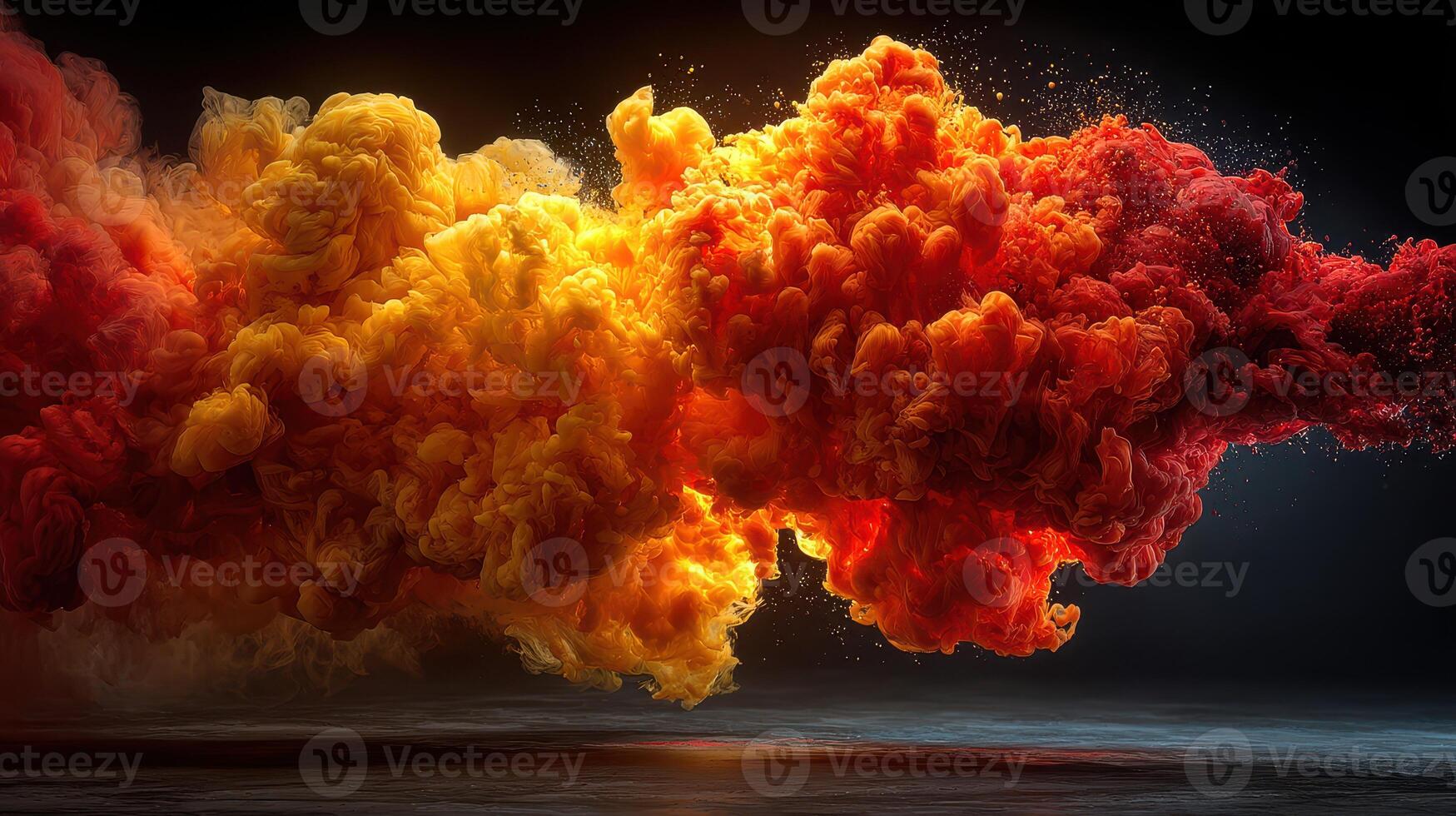 Vibrant bursts of orange and yellow smoke swirl dramatically against a dark background, creating an intense visual impact photo