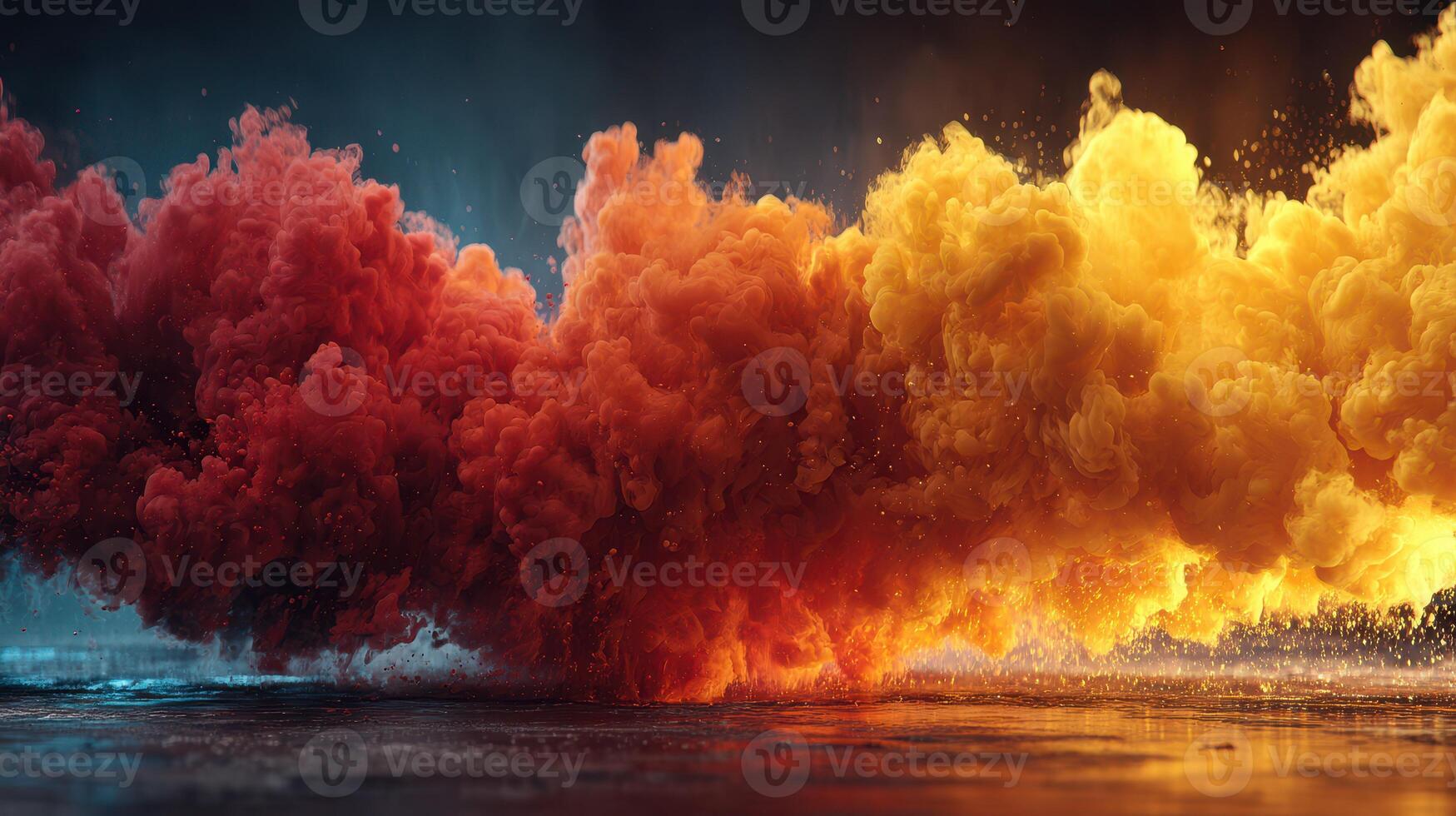 Vibrant explosion of colorful smoke at dusk creating a stunning visual effect and atmosphere photo