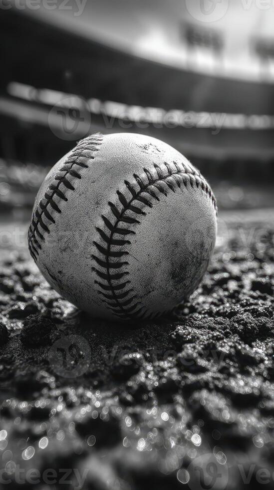 Baseball resting on dusty infield ground with blurred stadium background during afternoon practice session photo