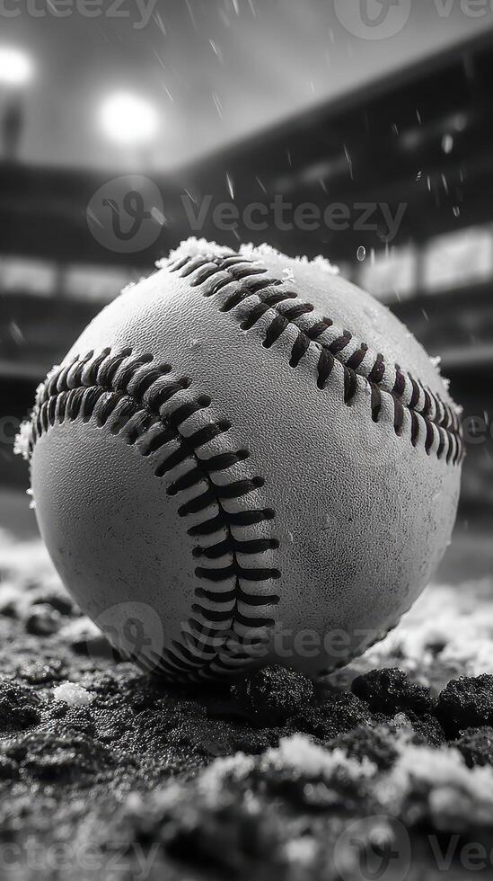 Close-up of a baseball resting on wet ground with blurred stadium lights in the background during a rainy game photo