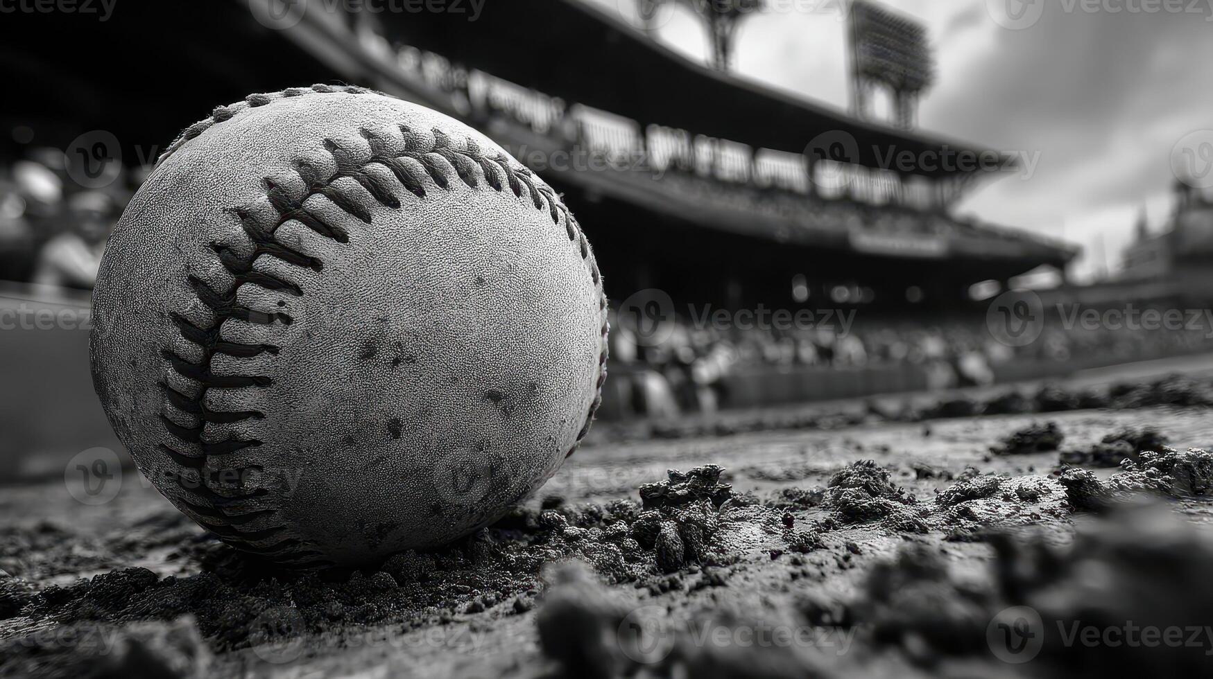 Baseball resting on dirt in an empty stadium before a game on a sunny afternoon in summer photo