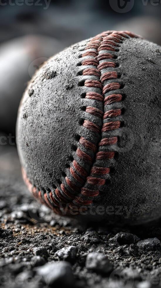 Weathered baseball resting on worn ground, showcasing unique texture and details in late afternoon light photo