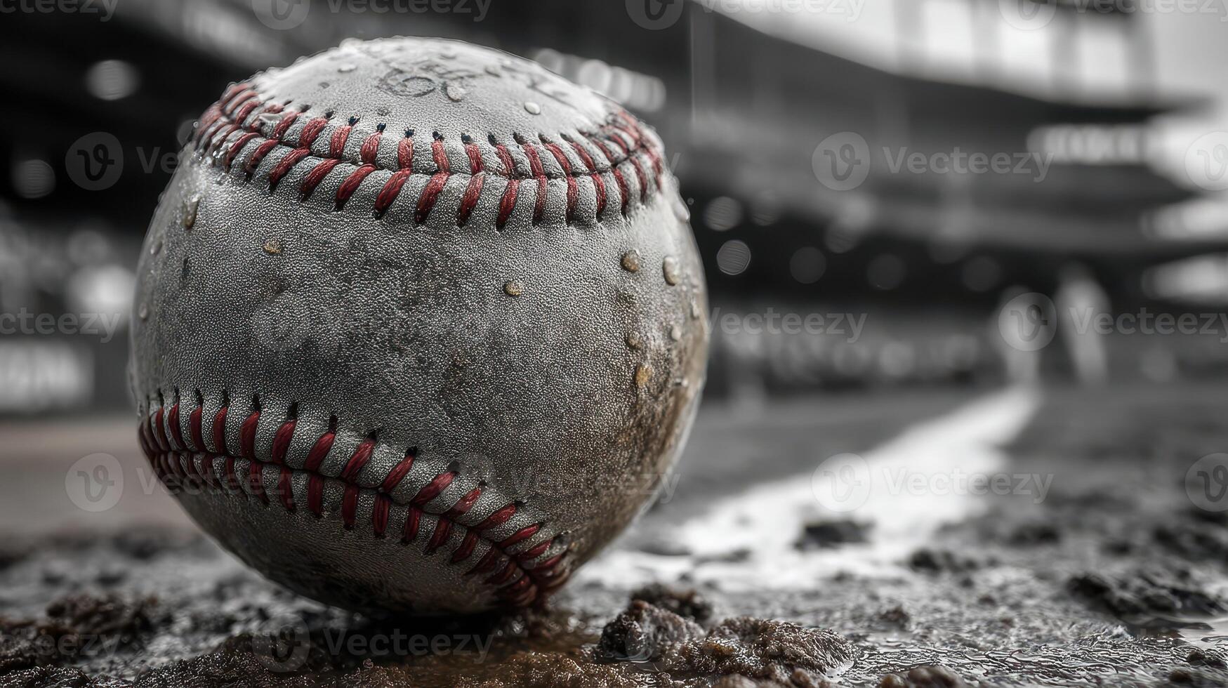Baseball resting on damp ground during an overcast day at a baseball field after a rainstorm photo