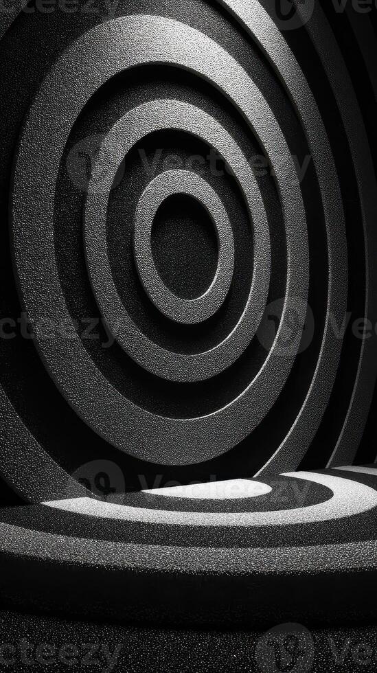 Black and white concentric circles create a modern abstract design in a minimalist environment photo