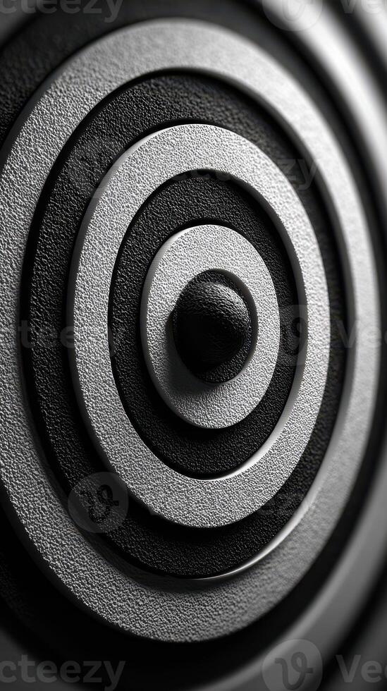 Black and white concentric circles create a hypnotic pattern in a textured surface design photo