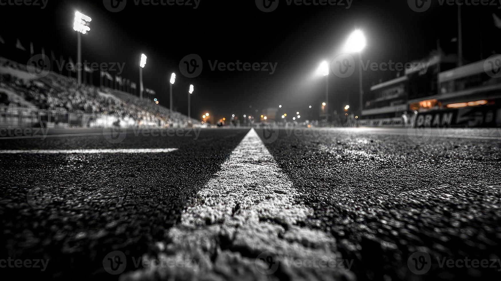 Nighttime view of an empty racetrack with bright lights illuminating the scene photo