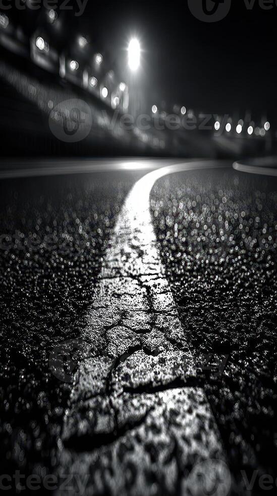 Night view of a race track showing cracks in the asphalt with bright lights in the background photo