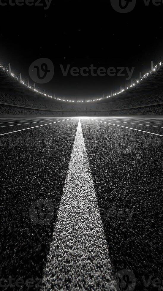 Stadium view from the ground perspective showcasing the track and seating area under bright lights at night photo