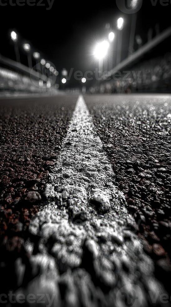 Empty racetrack at night with bright lights illuminating the surroundings and a focus on the textured asphalt surface photo
