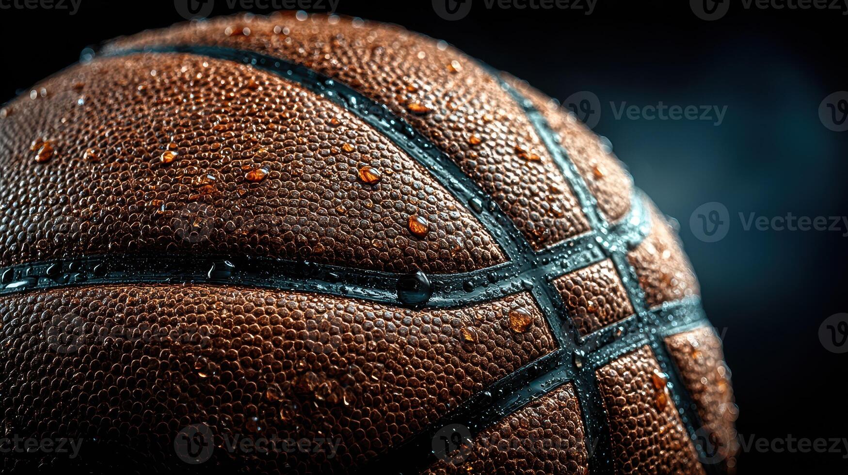Drenched basketball resting on a surface, glistening with water droplets in a dimly lit environment photo