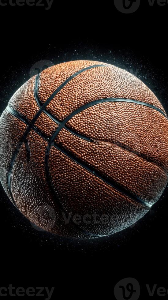 Basketball spinning in mid-air against a dark background with water droplets capturing the sport's dynamic motion photo