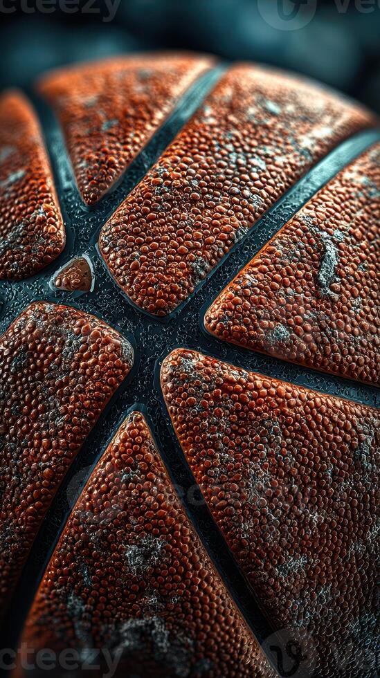 Close-up view of a textured basketball showcasing fine details in its surface during a game photo