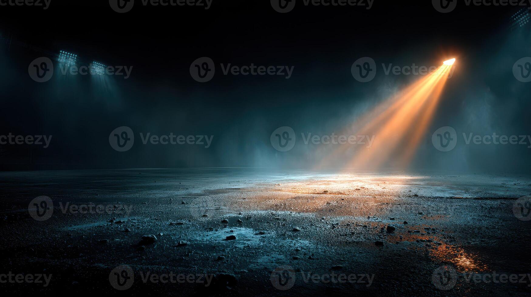 Dramatic lighting illuminates an empty sports arena floor during a quiet moment at dusk photo