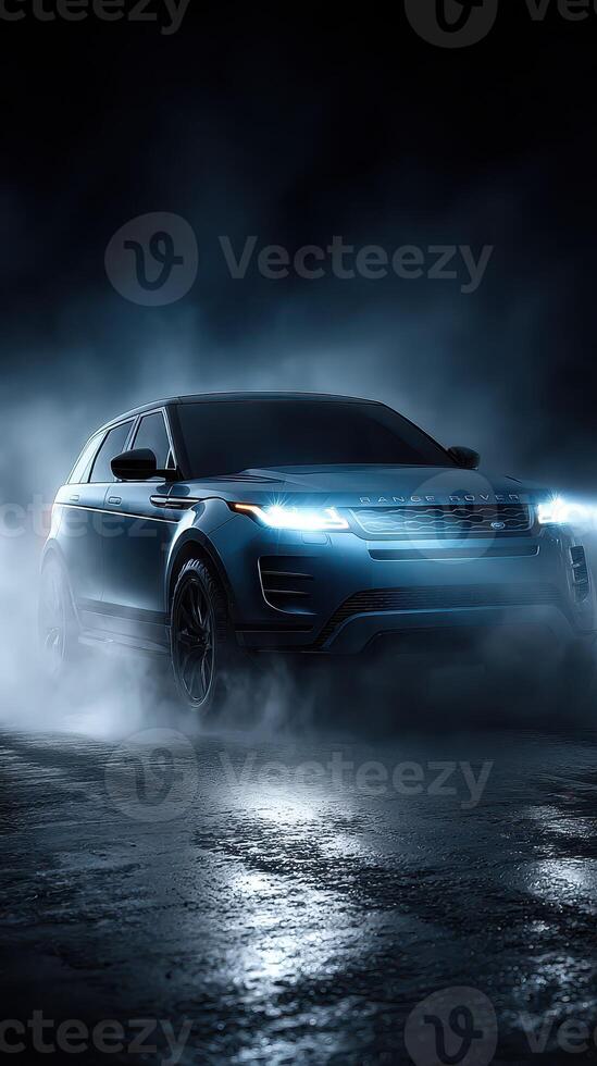 Modern luxury SUV displayed in dramatic lighting with mist enveloping its body at night photo