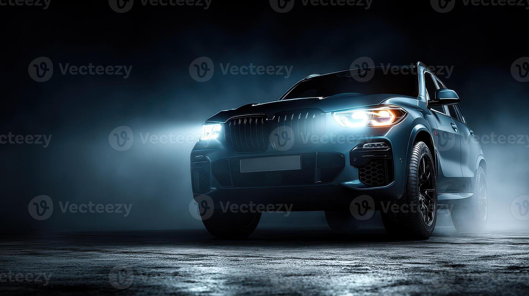 Luxury SUV parked in a dimly lit garage with fog for a dramatic effect during nighttime photo