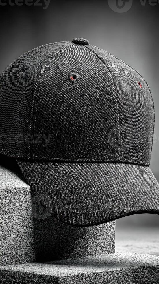 Black cap displayed on a textured surface with a minimalist aesthetic showcasing modern design elements photo