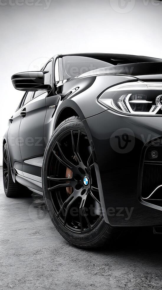 Luxury black car showcases sleek design and modern features in an upscale studio setting photo