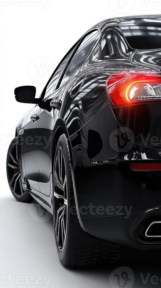 Sleek black luxury car parked in a modern indoor showroom with reflections on the surface photo
