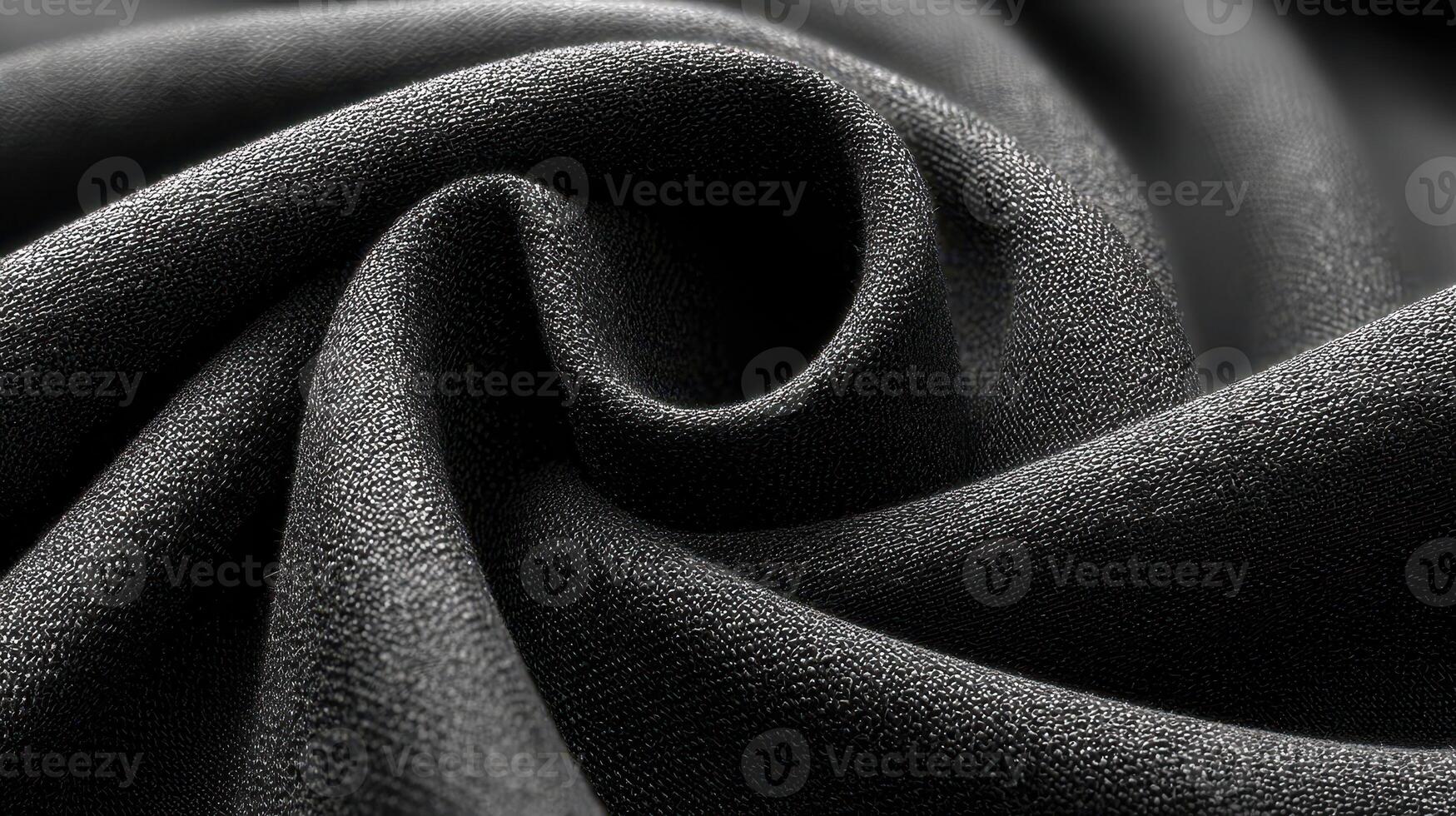 Black fabric in a close-up view showcasing intricate texture and smooth flow, ideal for fashion or interior design applications photo