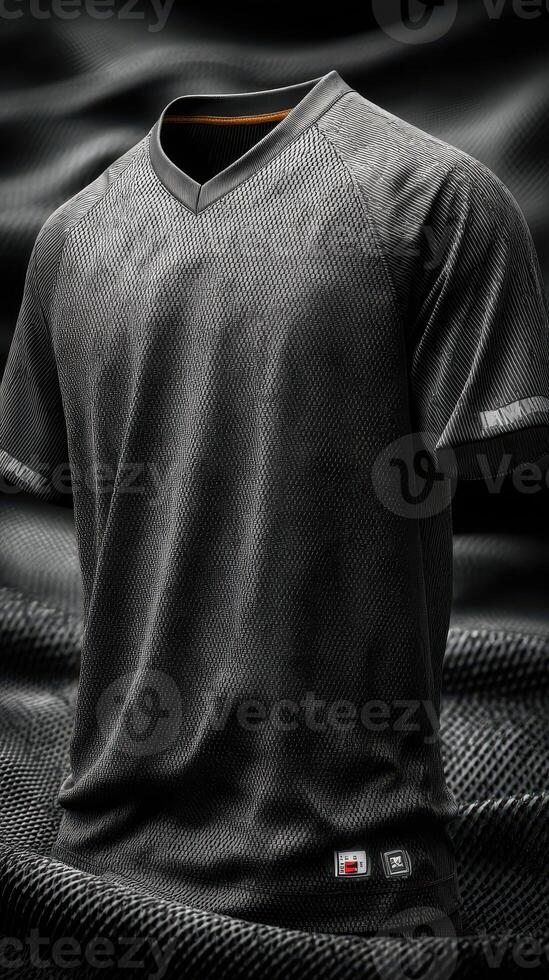Black sports jersey with textured design and sleek appearance displayed on a dark background photo