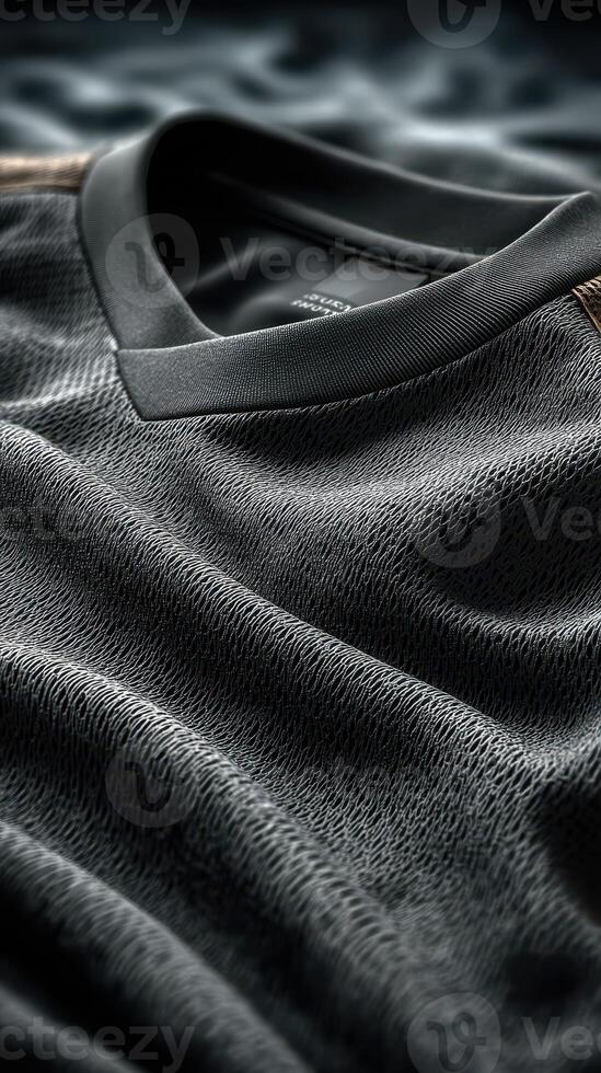 High-quality athletic shirt showcasing fine texture and detail in fabric design on a stylish black background photo