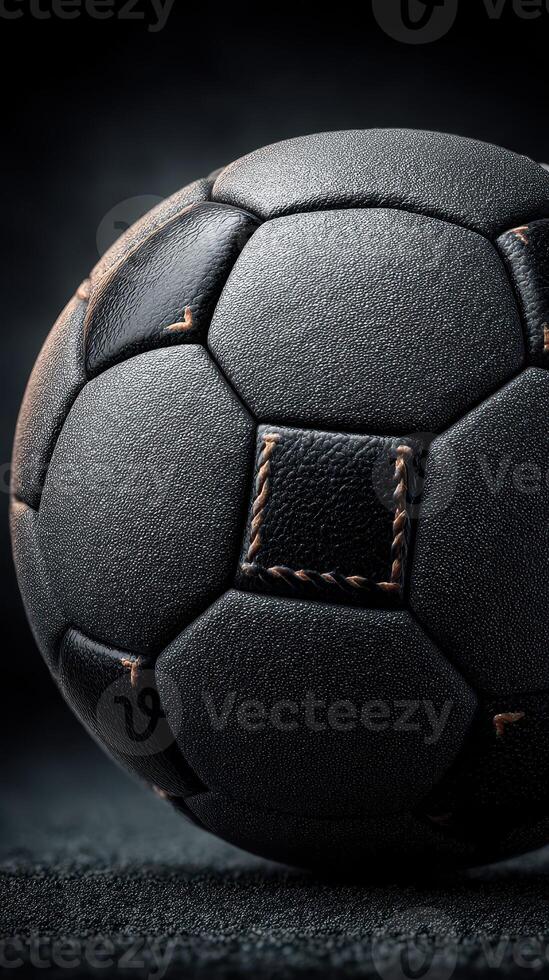 Detailed close-up of a black soccer ball resting on a dark surface highlighting its texture and craftsmanship photo