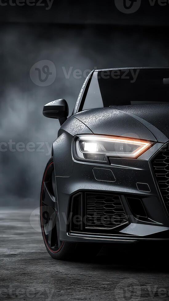 Sporty black car with sleek design parked on a rainy night in a moody atmosphere photo