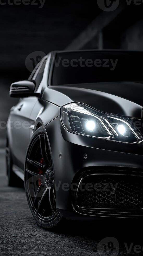 Sleek black luxury car parked in an industrial setting at night highlighting its striking design and powerful presence photo