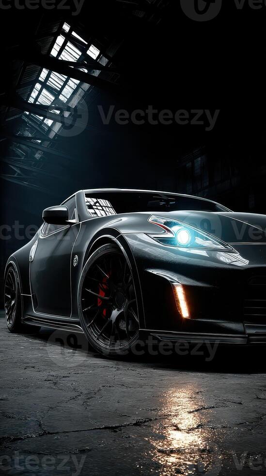 Sleek black sport car displays modern design and dynamic energy in an industrial setting at night photo
