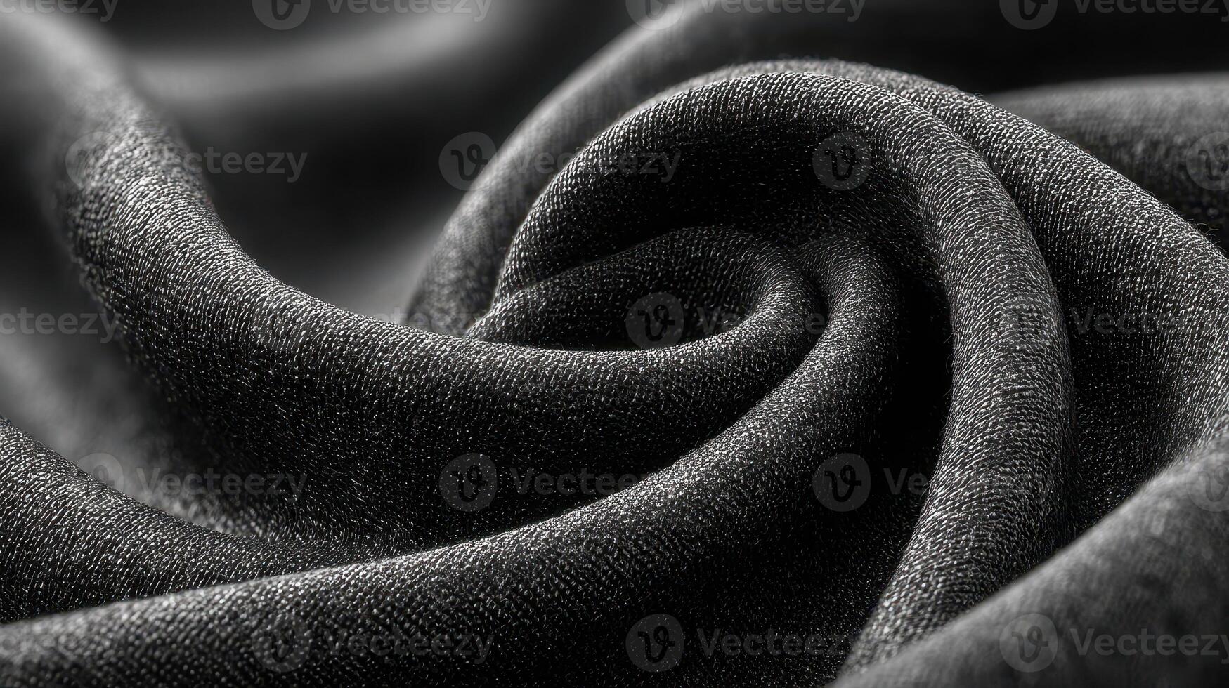 Soft black fabric curled in elegant folds on a dimly lit surface for textile design or fashion creation photo