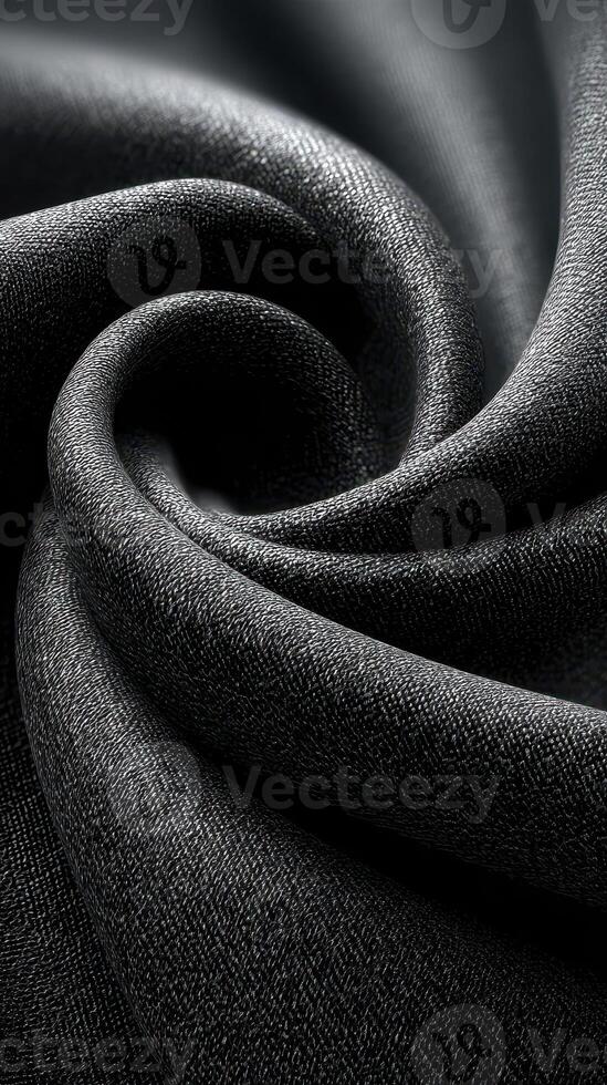 Dark textured fabric forms a spiral pattern with a smooth and rich appearance in a close-up shot taken indoors photo