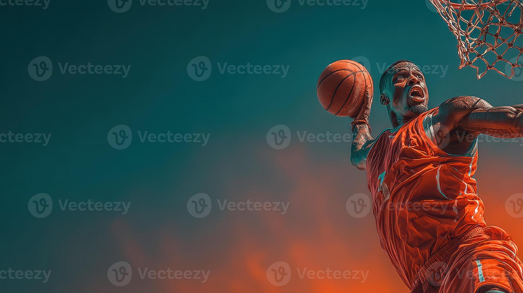 Basketball player leaps for a dunk during an exciting game at sunset in an outdoor arena photo