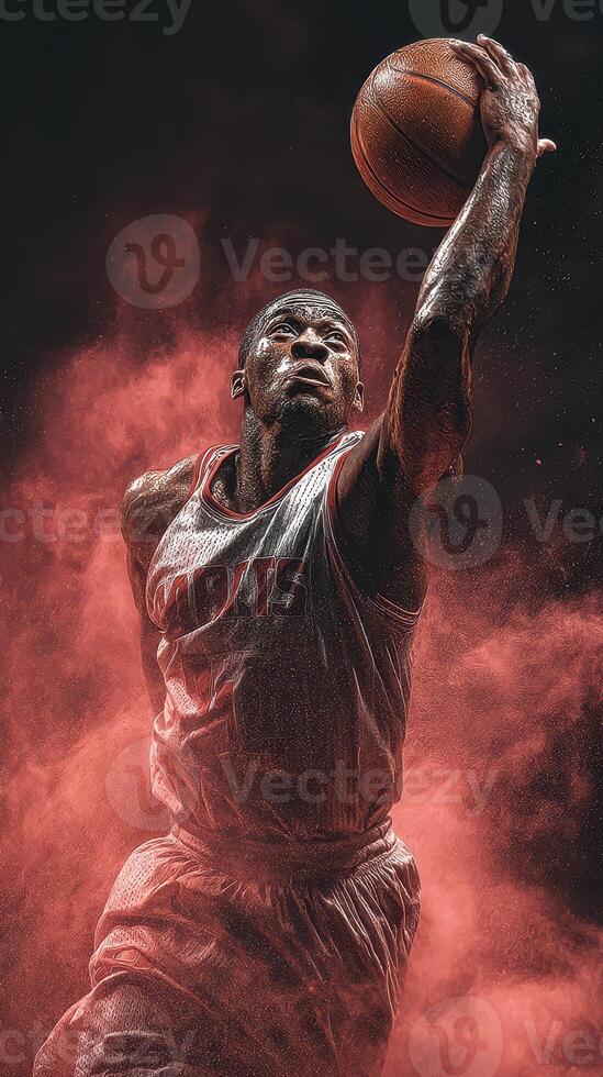 Dynamic basketball player soaring for a slam dunk in a dramatic, smoky setting during a nighttime game photo
