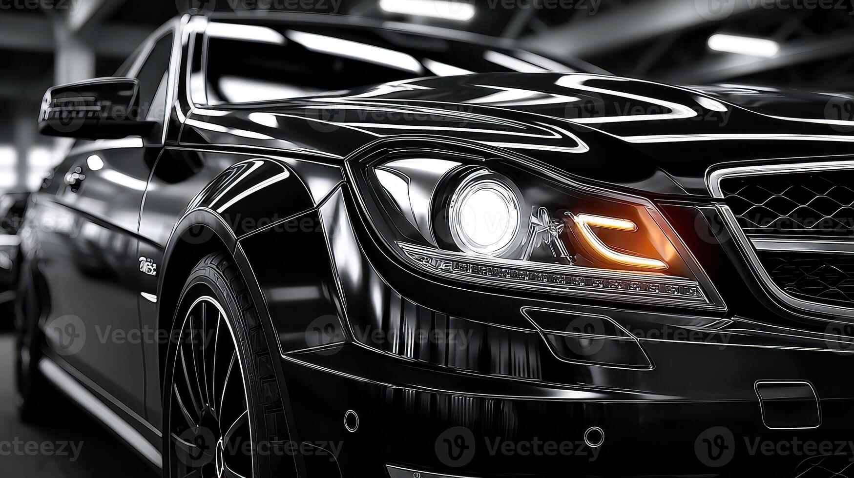Luxury black car showcasing sleek design and modern features inside a well-lit garage photo