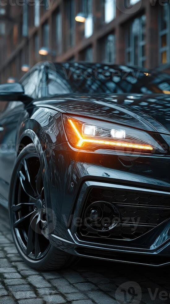 Sleek black sports car parked at an urban location with modern architecture in the background during twilight hours photo