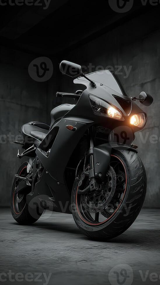 Sleek black motorcycle parked in an industrial setting with glowing headlights at night photo