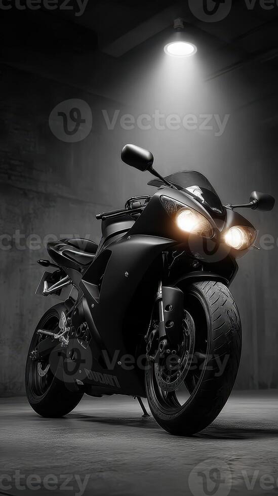 Black sports motorcycle under spotlight in an industrial setting at night showcasing sleek design and power photo