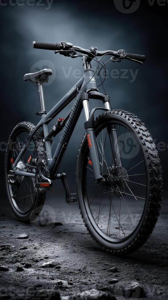 Mountain bike displayed in dynamic lighting against a dark background in a studio setting photo