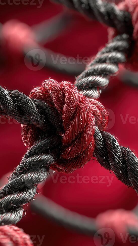 Intricate knot of red and black rope captured in vivid detail against a striking background photo
