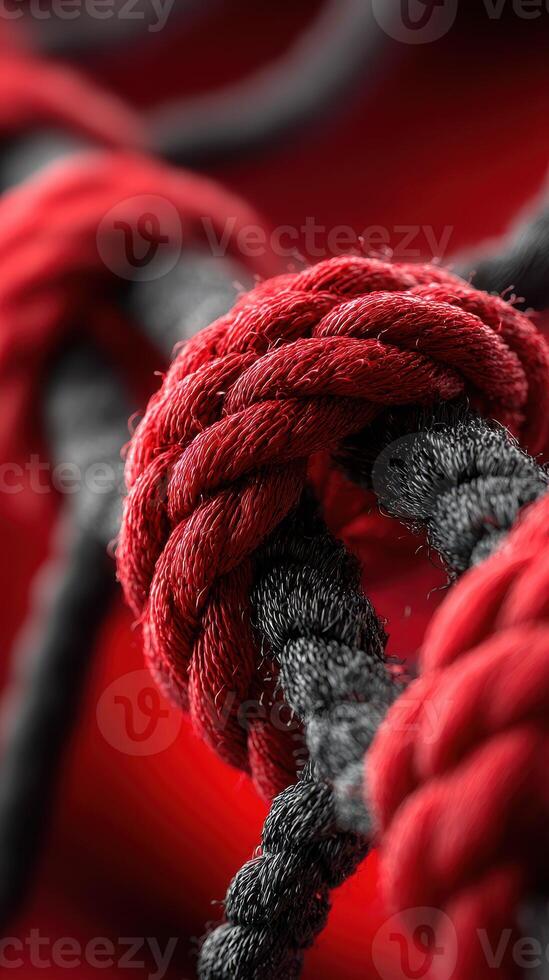 Red and black rope intertwined creating an intricate knot against a vibrant background photo