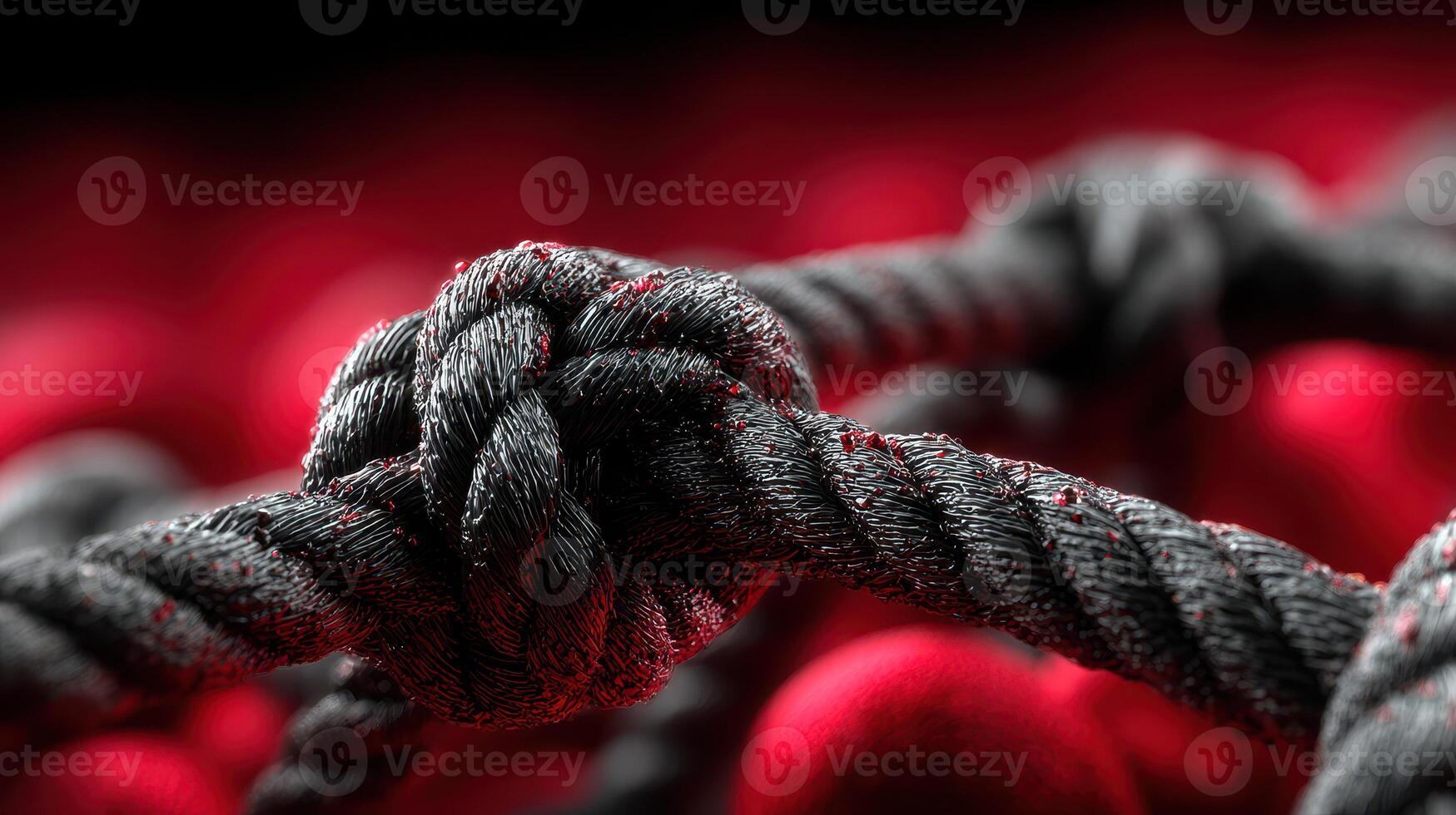 Close-up of a black knot tied in thick rope against a blurred red background highlighting texture and intricacy of the knotwork photo
