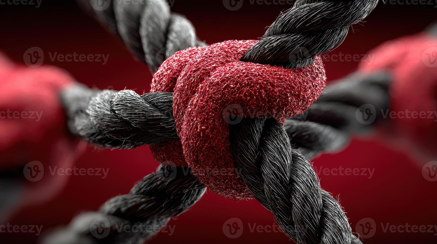 Close-up of intertwined black and red ropes forming a strong knot highlighting texture and detail photo